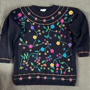 Floral Embroidered Black Sweater